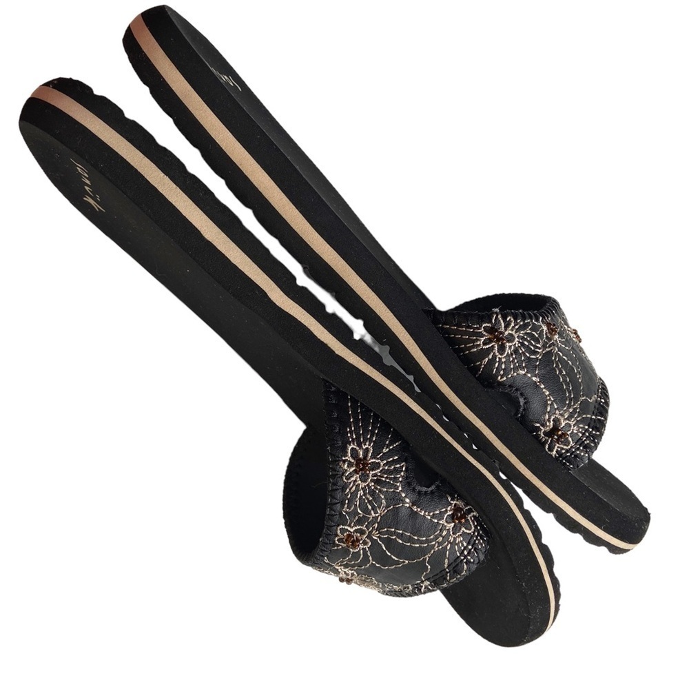 Sanuk Black Cream Brown Flip Flop Slides Floral Embroidery Beaded Size 7 - Picture 5 of 16